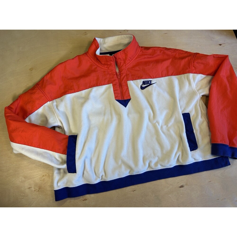 NIKE Sportswear Retro Cream Red Logo Cropped Fleece 1/4 Zip Jacket Womens XL